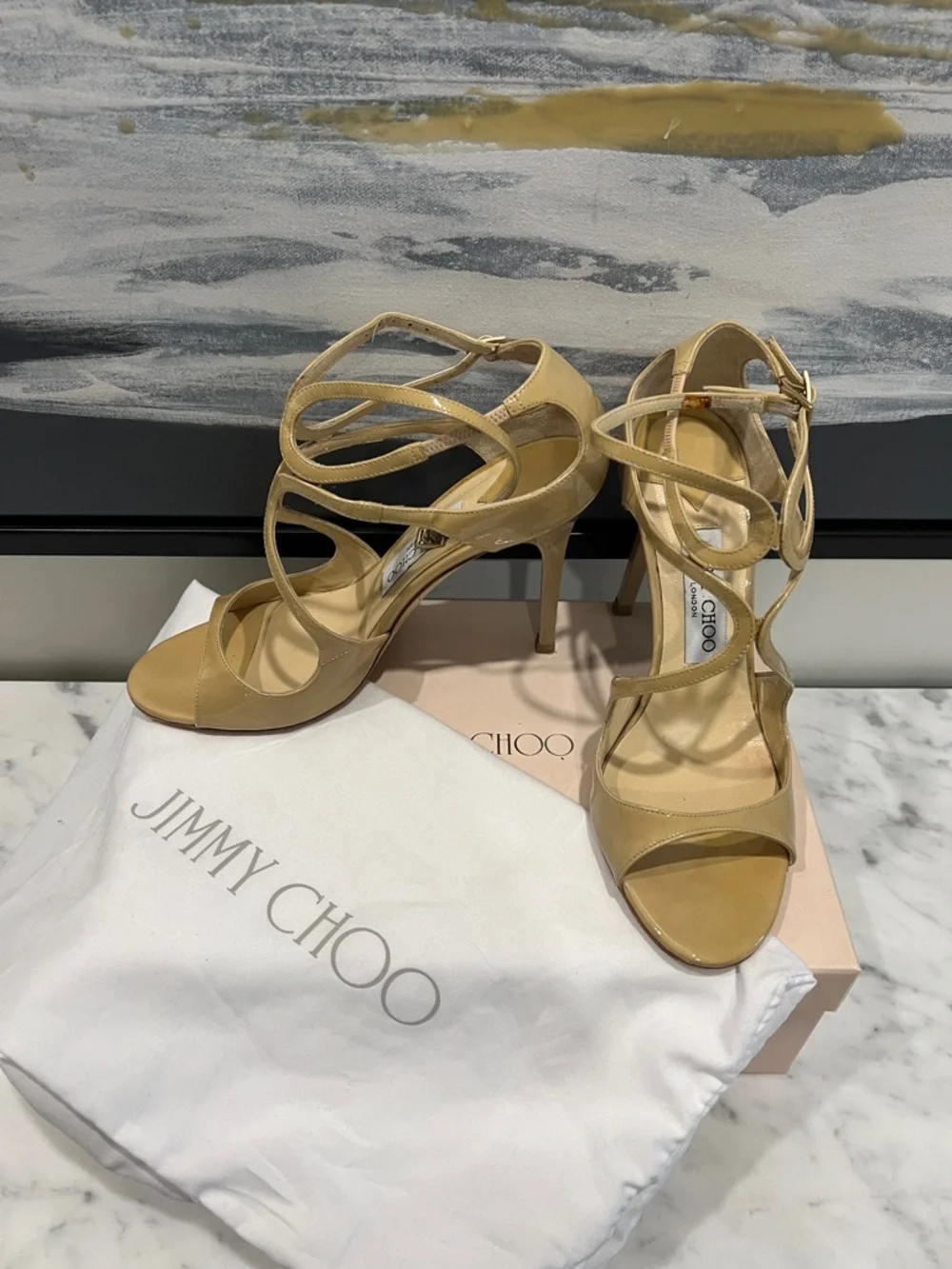 Jimmy Choo Beige Patent Leather Strappy High-Heel Sandals - Picture 2 of 10